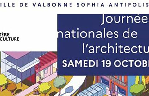 Affiche des journées nationales de l'architecture avec le dessin d'une ville en fond