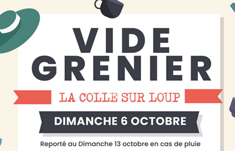 Affiche dessinée du vide grenier du 6 octobre à Tourrettes sur loup avec un vélo, un nounours, livre, manette de jeux 