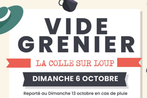 Affiche dessinée du vide grenier du 6 octobre à Tourrettes sur loup avec un vélo, un nounours, livre, manette de jeux 