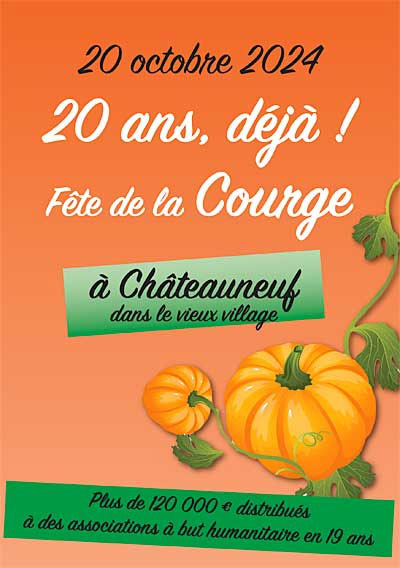 Affiche sur fond orange representant une courge avec le texte suivant : 20 ans, déjà !